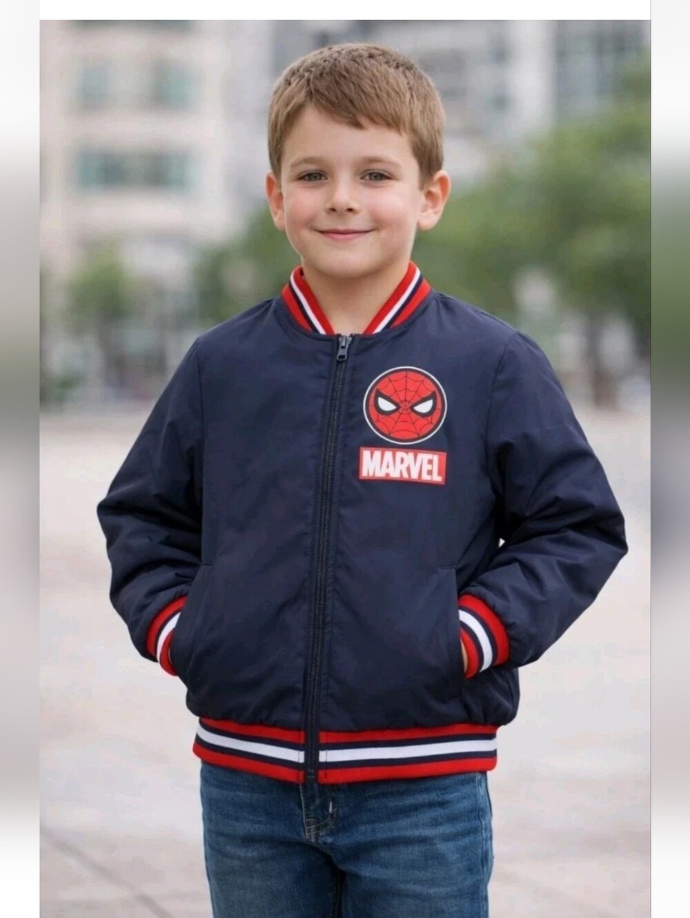 Marvel Spider-Man Boys Jacket Size 7 Navy Zip Up Lightweight Coat